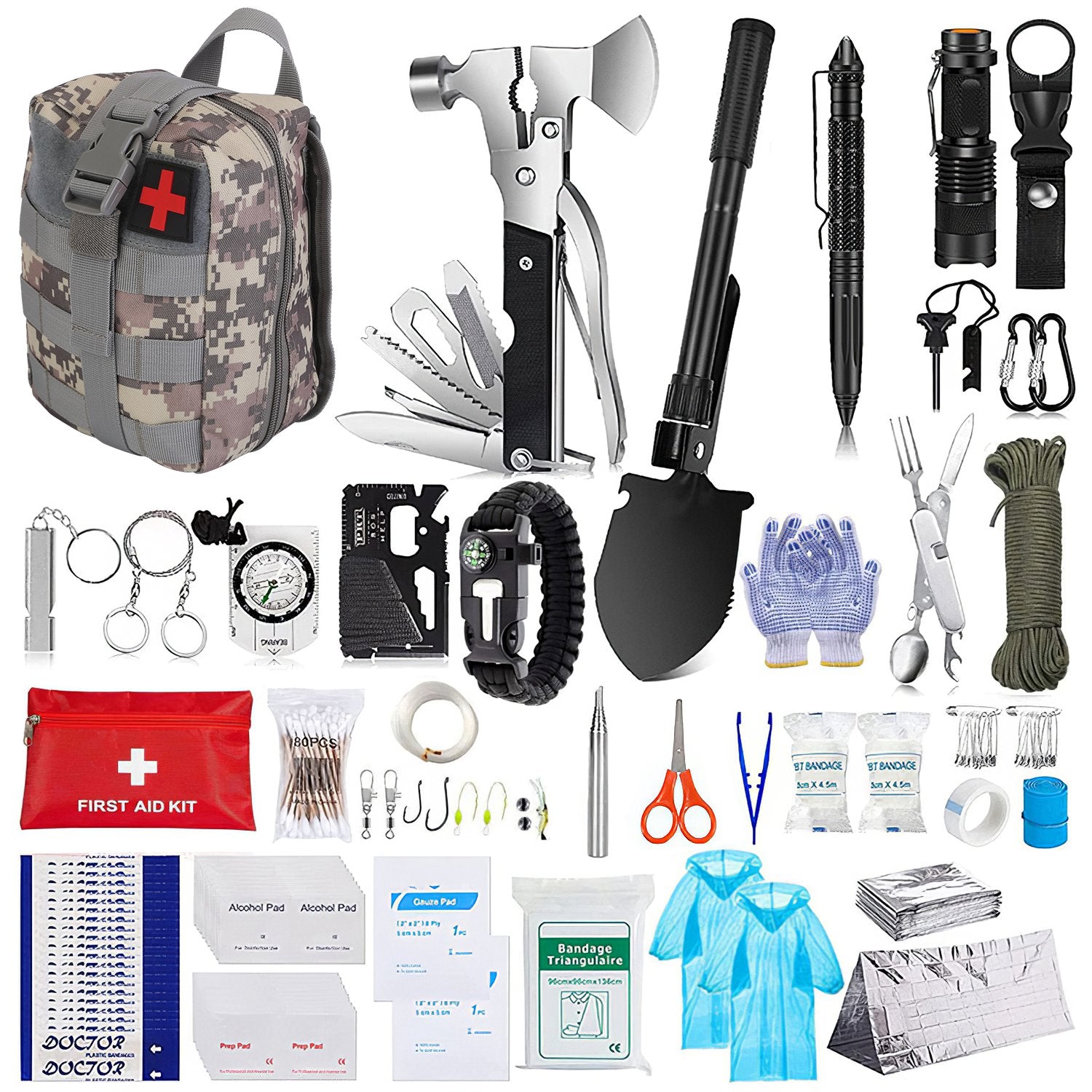 Camouflage first aid storage bag with red medical cross and assorted emergency tools