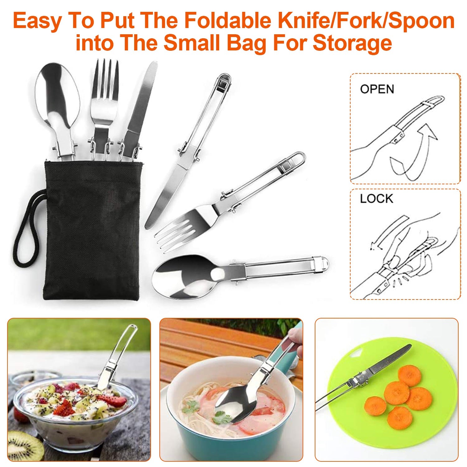 Foldable knife, fork, and spoon set stored in a black carry bag with green accents