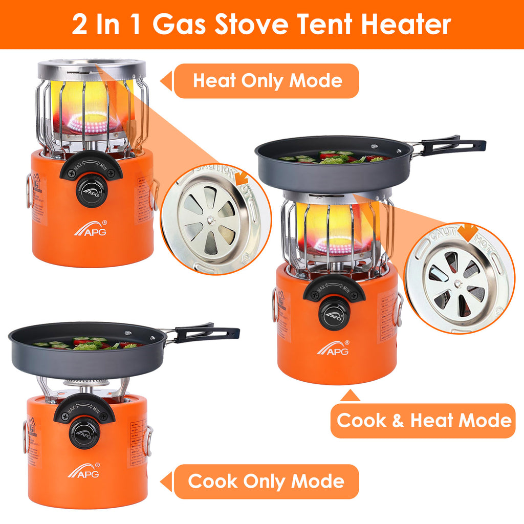 Orange 2-in-1 gas stove tent heater with pot grate and separate heater unit