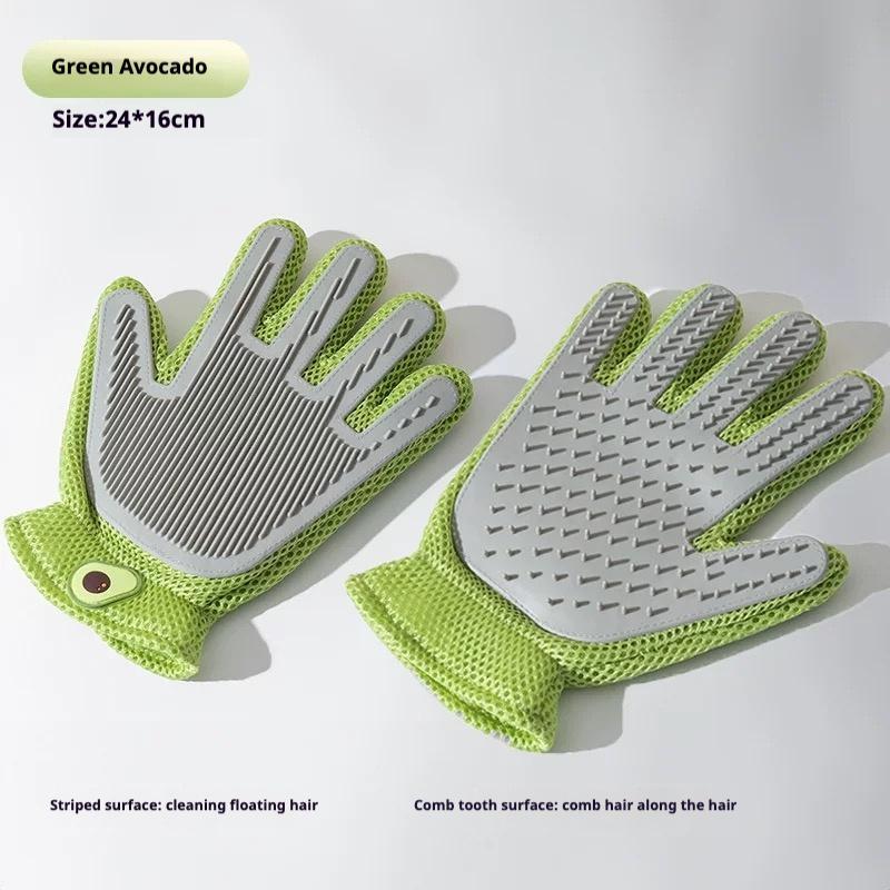 Green pet grooming glove set showing comb teeth and striped silicone hair-removal pads