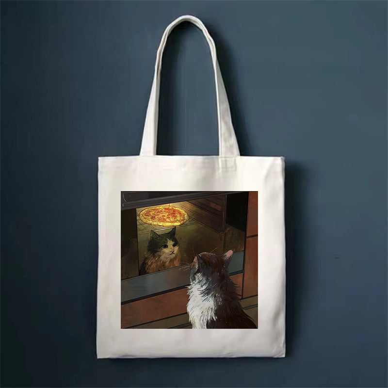 Canvas tote bag, white, with small dog looking at food bowl print.
