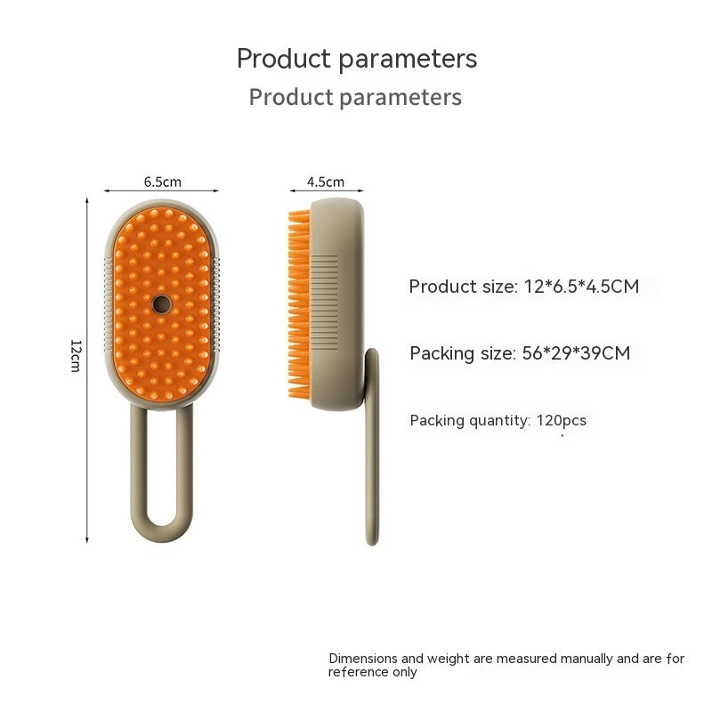Milk brown handheld pet grooming brush, orange bristle pad and long handle