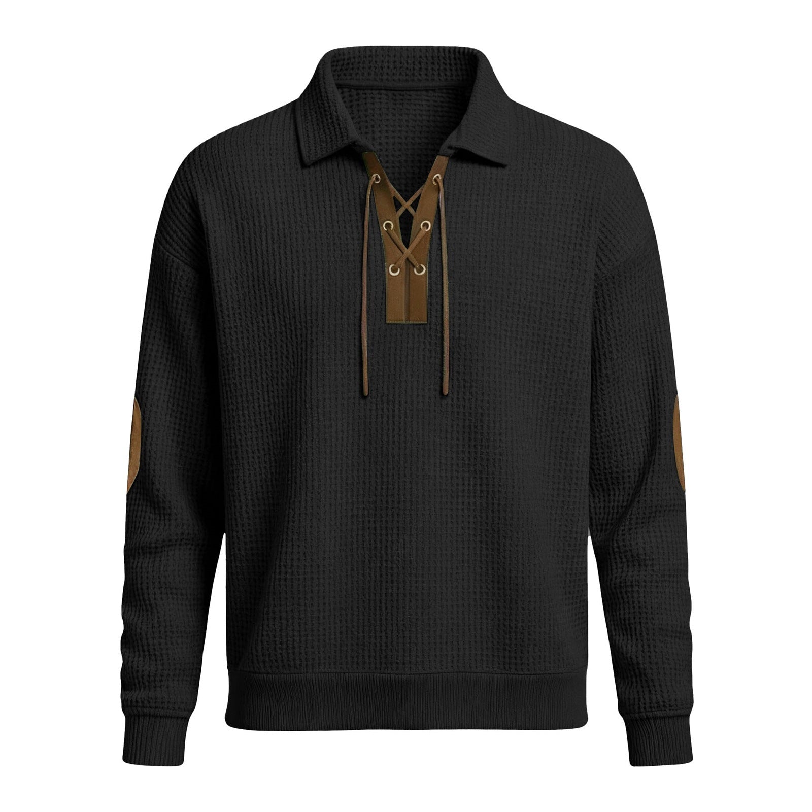 Oversized cardigan sweatshirt, black knit, stand collar with lace-up mock placket