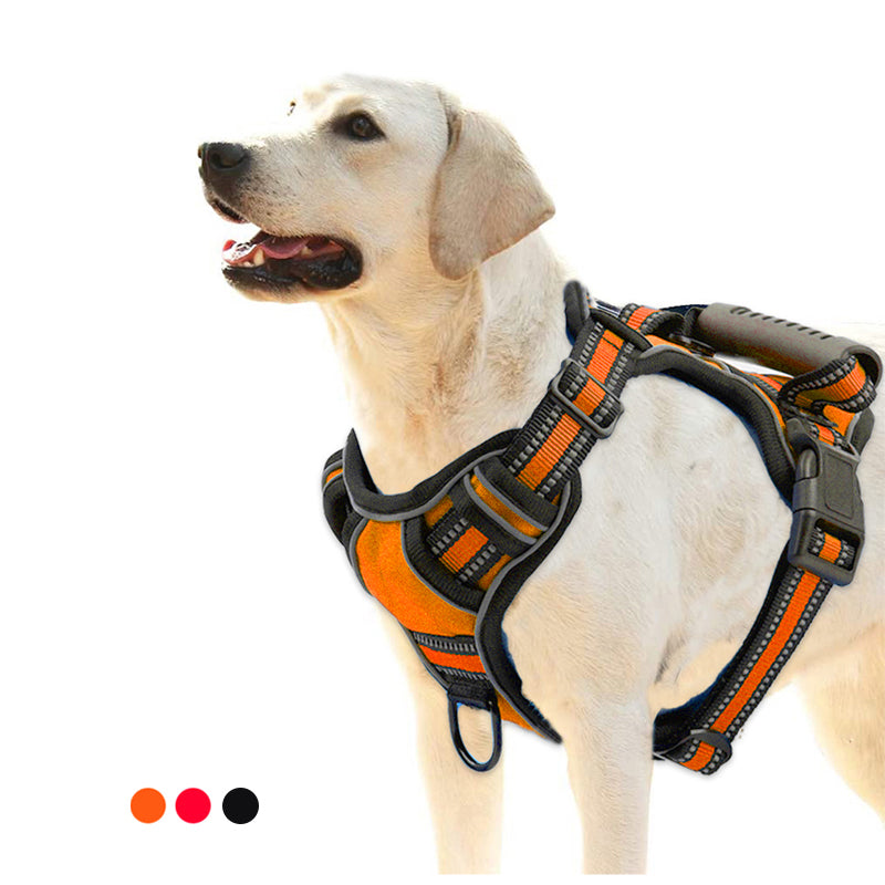 Black no-pull dog harness vest with reflective orange trim; padded chest and straps