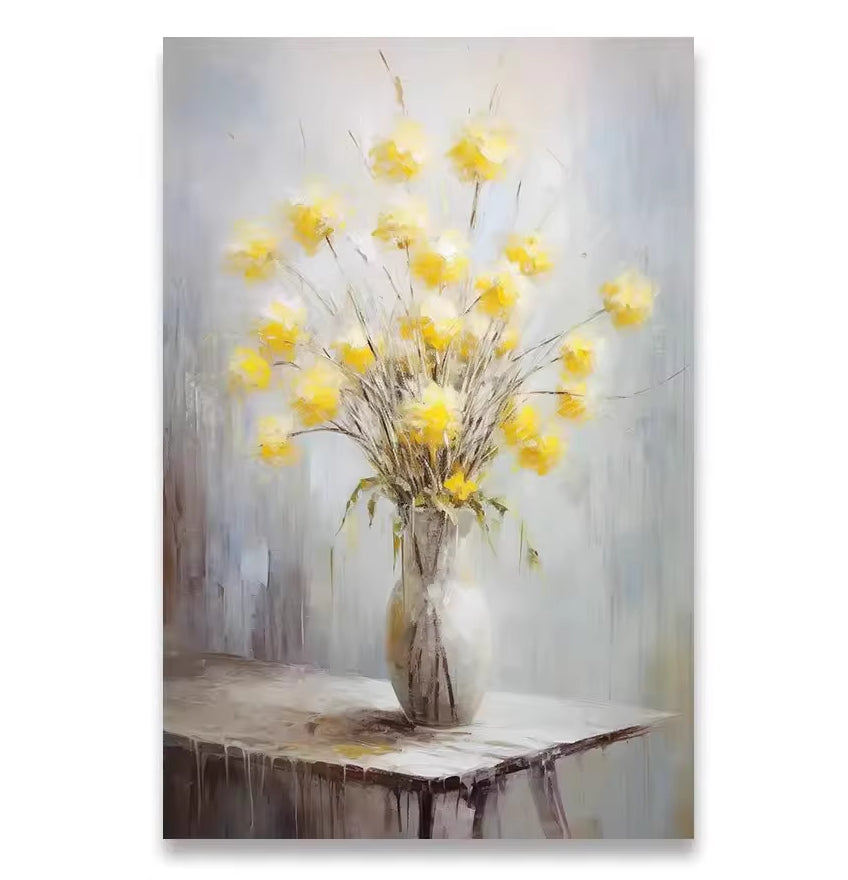 Canvas wall poster with yellow blossoms in a vase on a wooden ledge