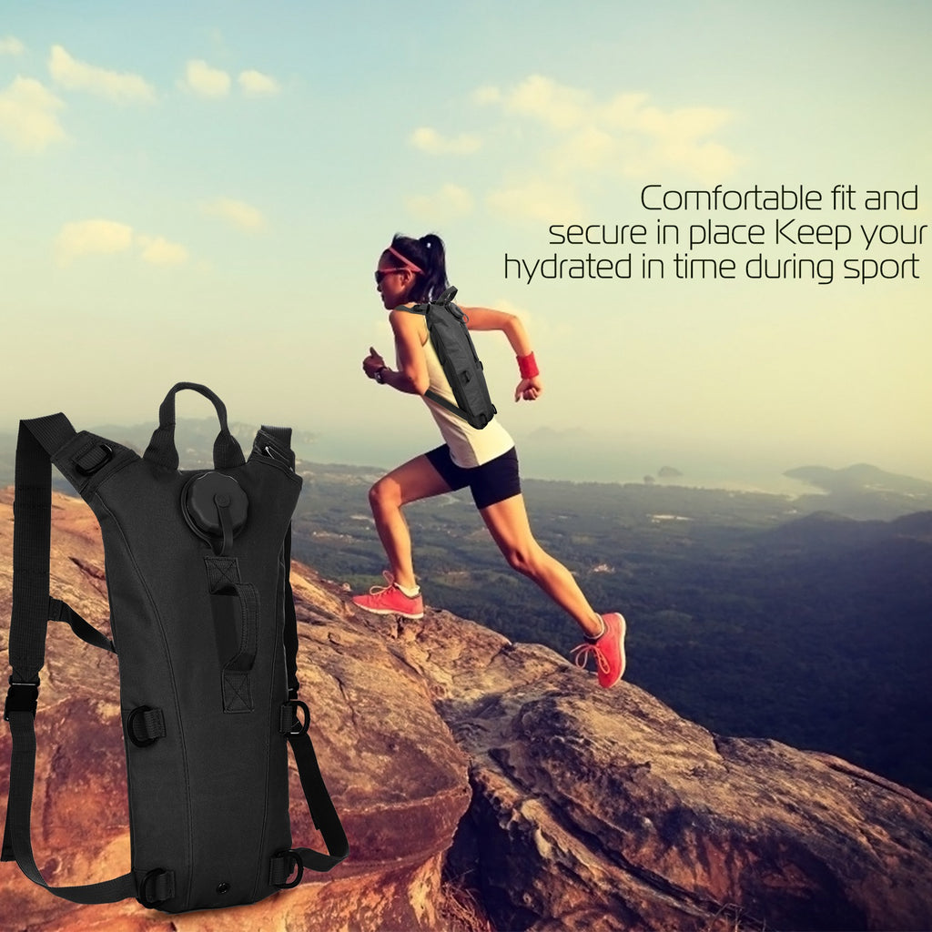 Black hydration backpack with adjustable shoulder straps and front hydration port