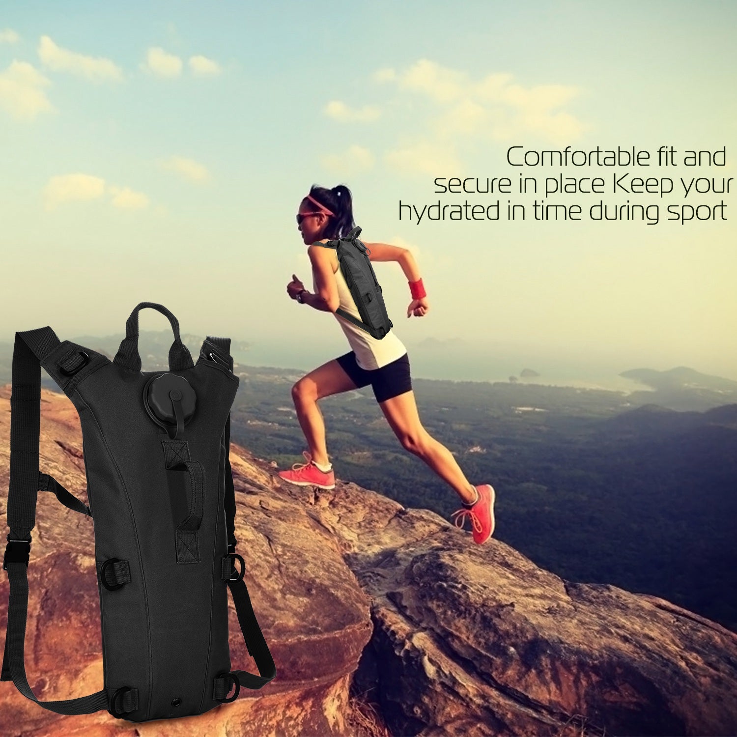 Black hydration backpack with adjustable shoulder straps and front hydration port