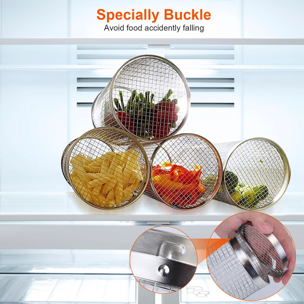 Round stainless steel grill baskets with wire mesh lids holding vegetables and meat