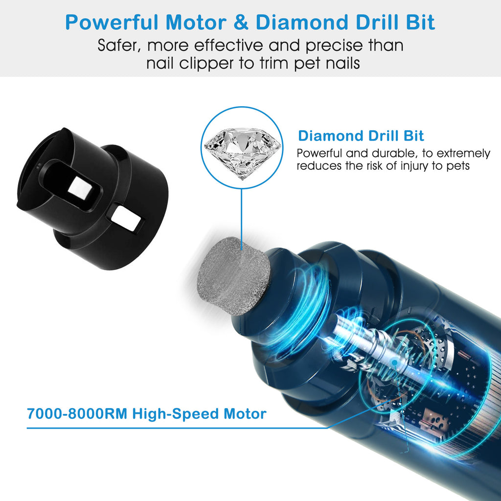 Blue pet nail grinder with diamond bit and black protective sleeve