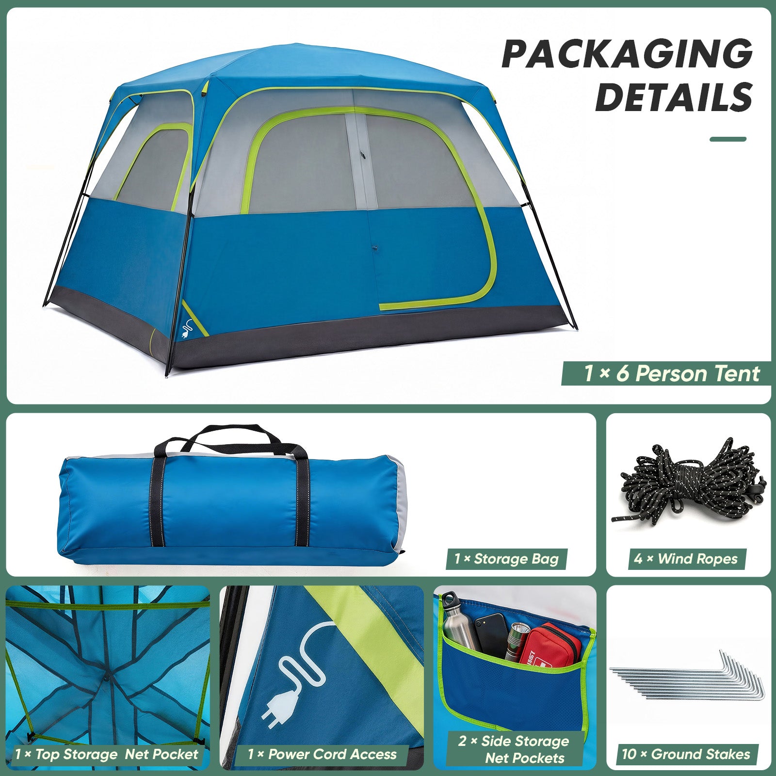 Blue 6-person camping tent with lime-trimmed doors; includes storage bag in the photo