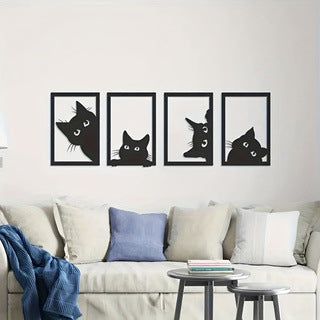 Black cat metal wall art set of four cat silhouettes in black square frames