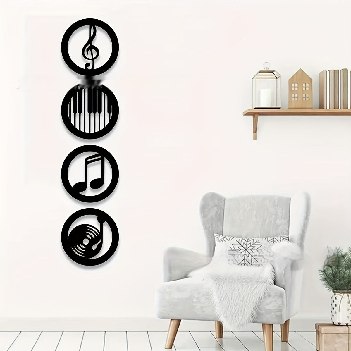Round wooden wall plaques set of 4, with treble, piano, note, and sound icons