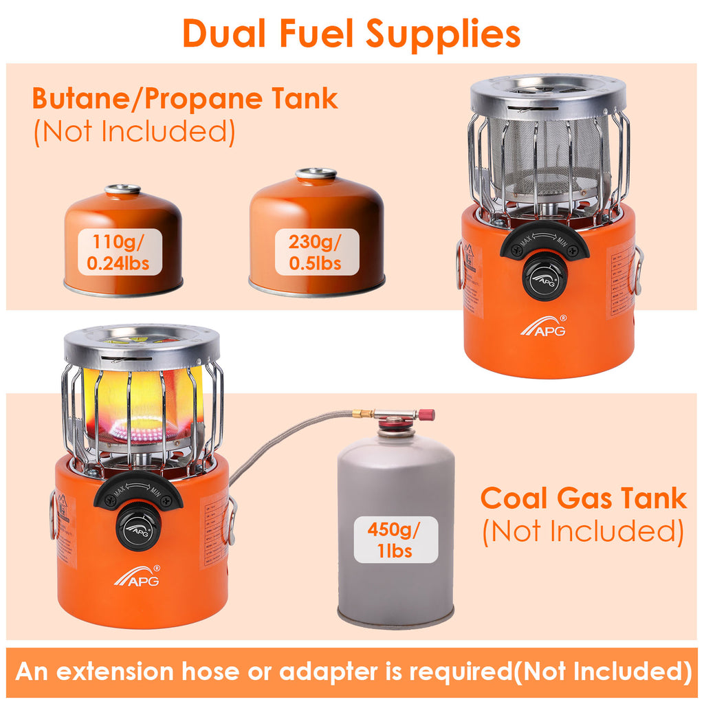 Orange outdoor gas stove and heater with fuel tanks and connection hose (tanks not included)