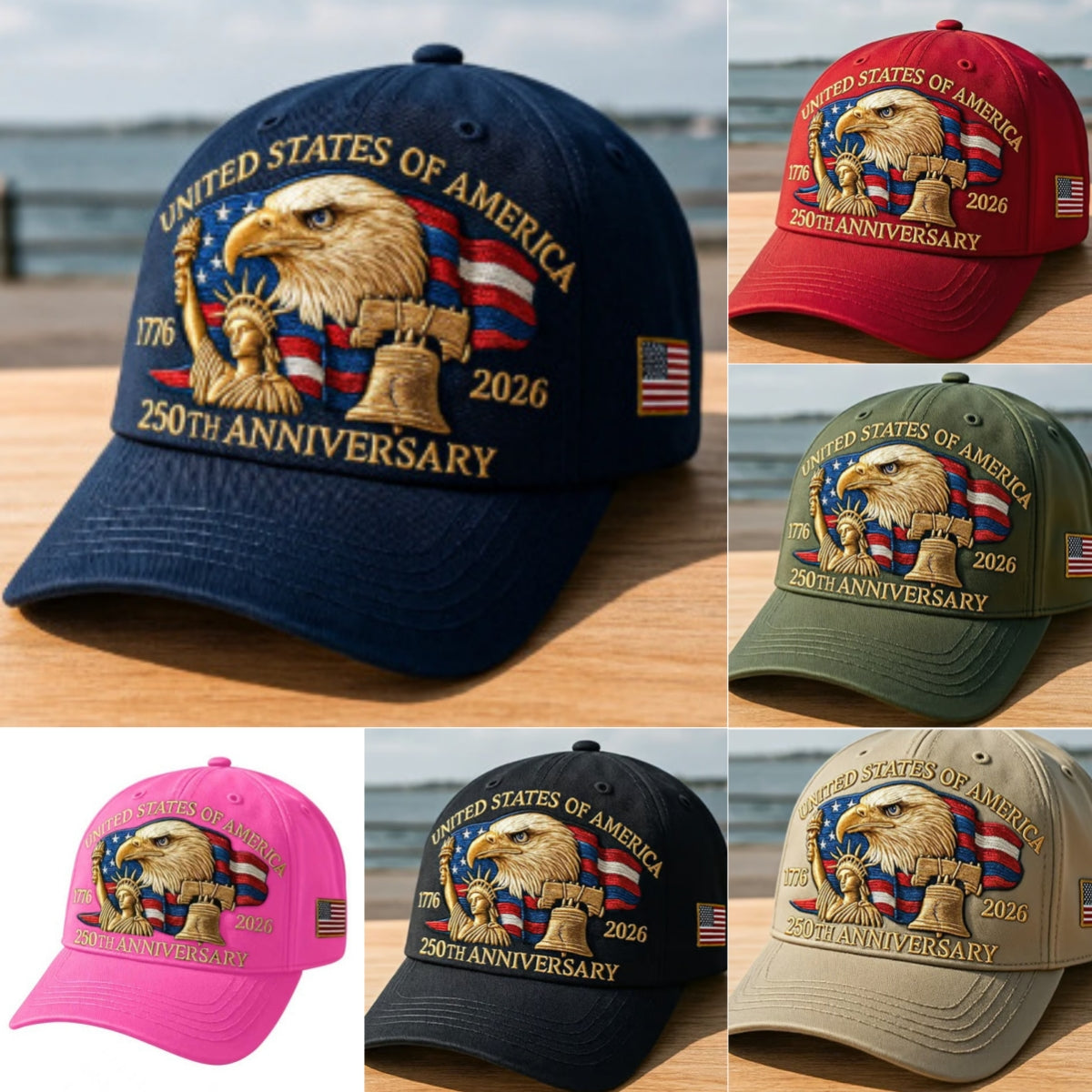 Navy baseball cap with embroidered eagle, 250th Anniversary, and side flag patch