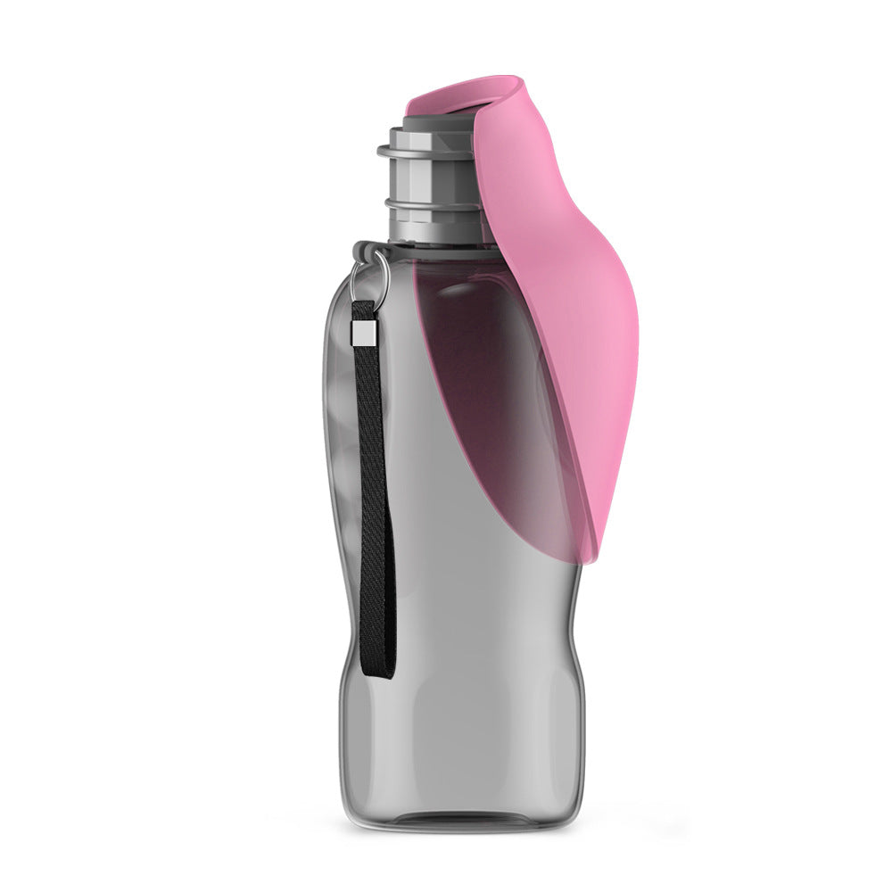 Foldable dog water bottle with integrated bowl, pink lid, gray body and strap