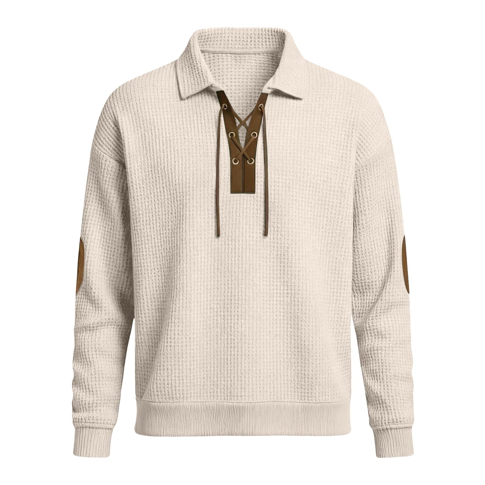 Oversized cardigan sweatshirt, cream knit, stand collar with lace-up mock placket