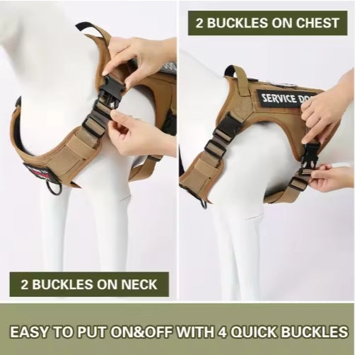 Tan dog harness vest with two buckles on neck and chest straps