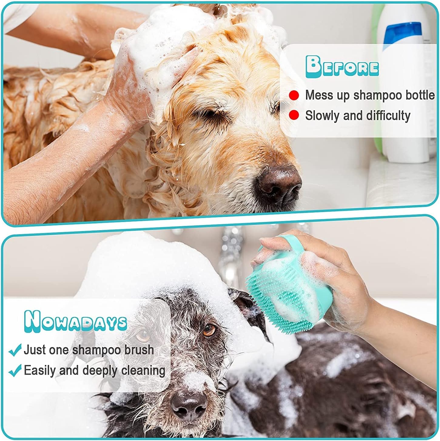 Shampoo brush grooming a pet coat with visible foam