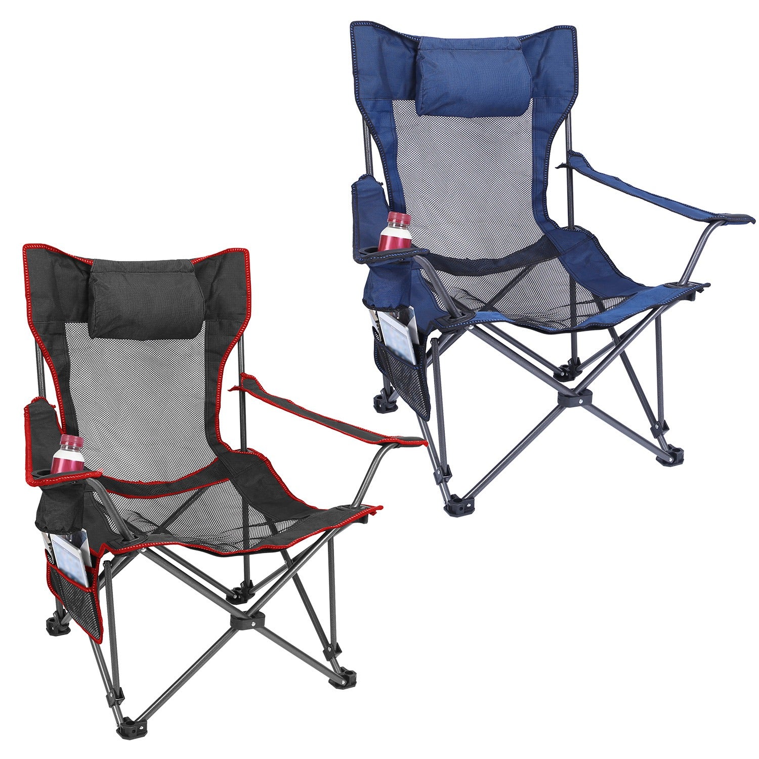 Folding recliner camping chair with padded headrest and mesh seat, cup-holder area
