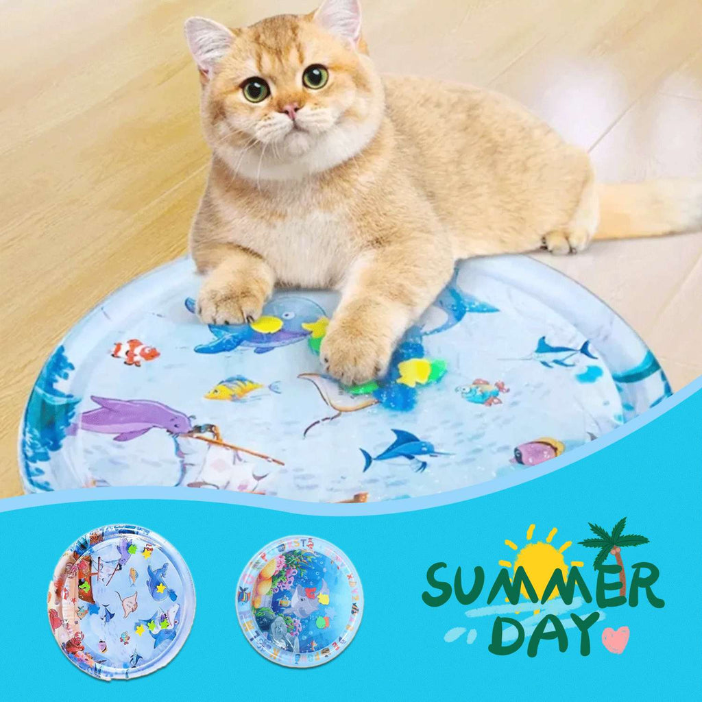 Inflatable pet water cooling bed with blue ocean-fish print, round rim; cat resting on it