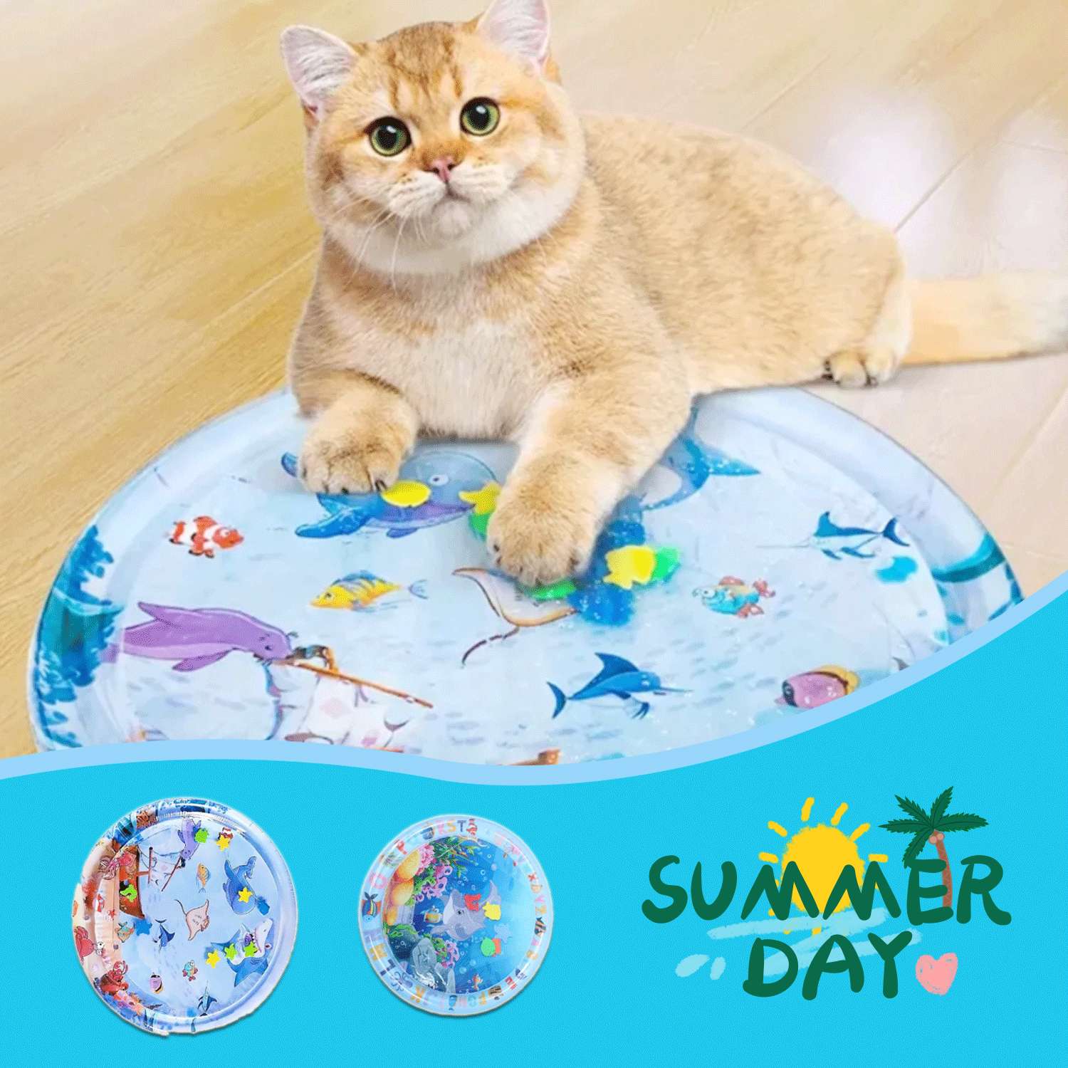 Inflatable pet water cooling bed with blue ocean-fish print, round rim; cat resting on it