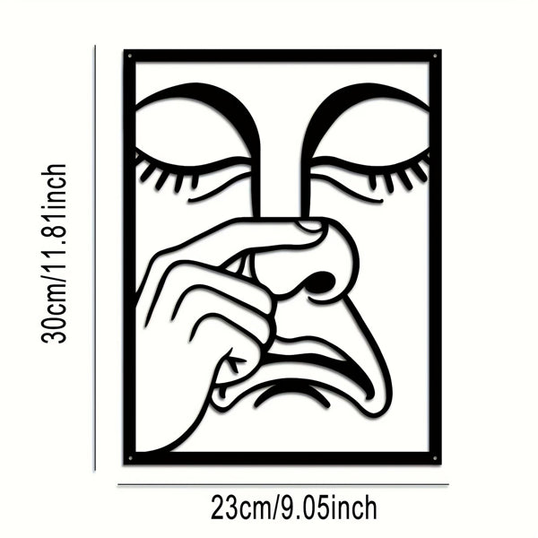 Square metal wall art with black line art of eyes and hands picking nose