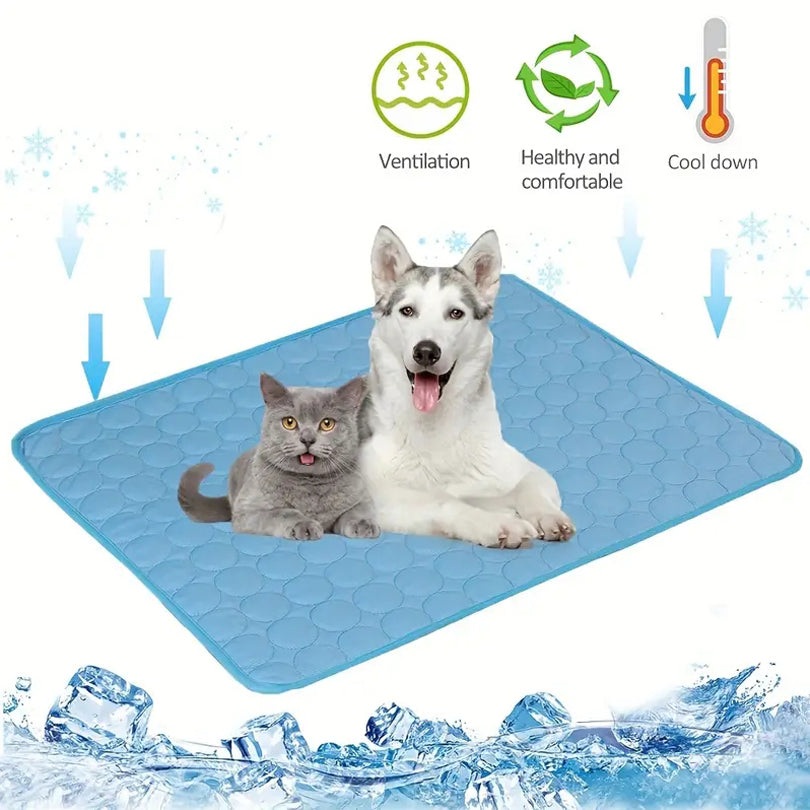 Ice silk pet cooling mat, light blue with textured hex pattern