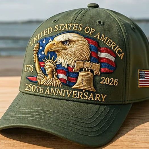 Green baseball cap with embroidered eagle, 250th Anniversary text, and side flag patch