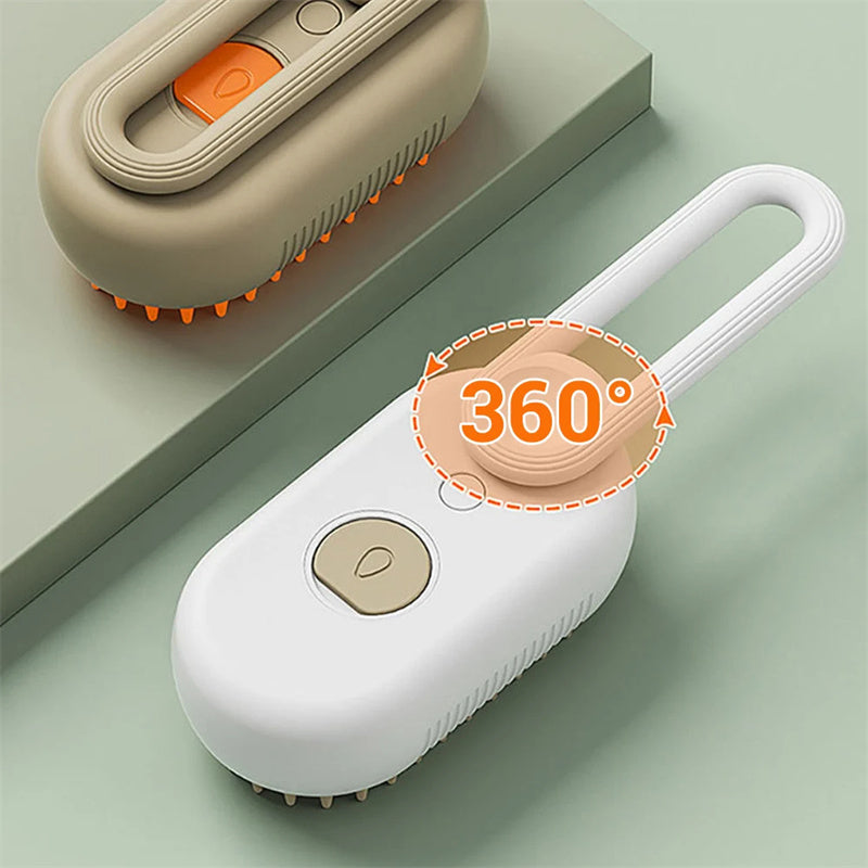 White pet grooming brush with power button and orange bristle comb base