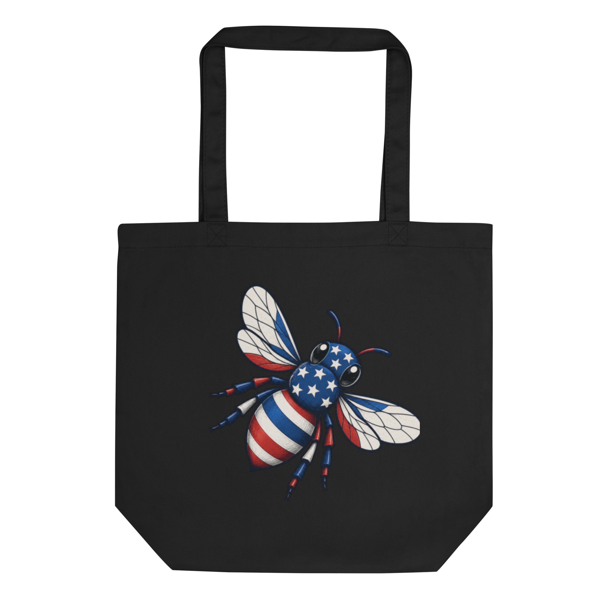Black tote bag with bee artwork on front, square body and top carry handles