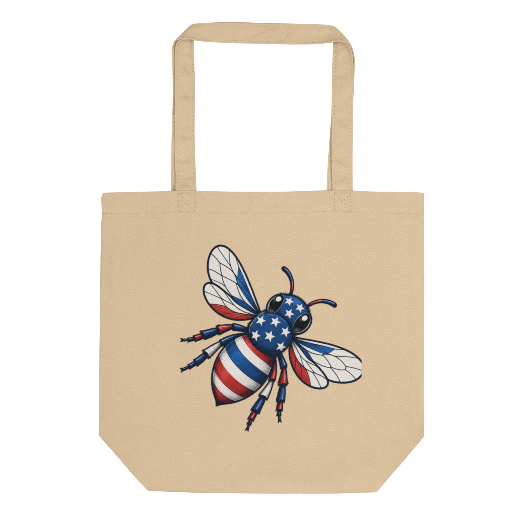 Oyster tote bag with bee artwork on front, wide handles and structured flat base