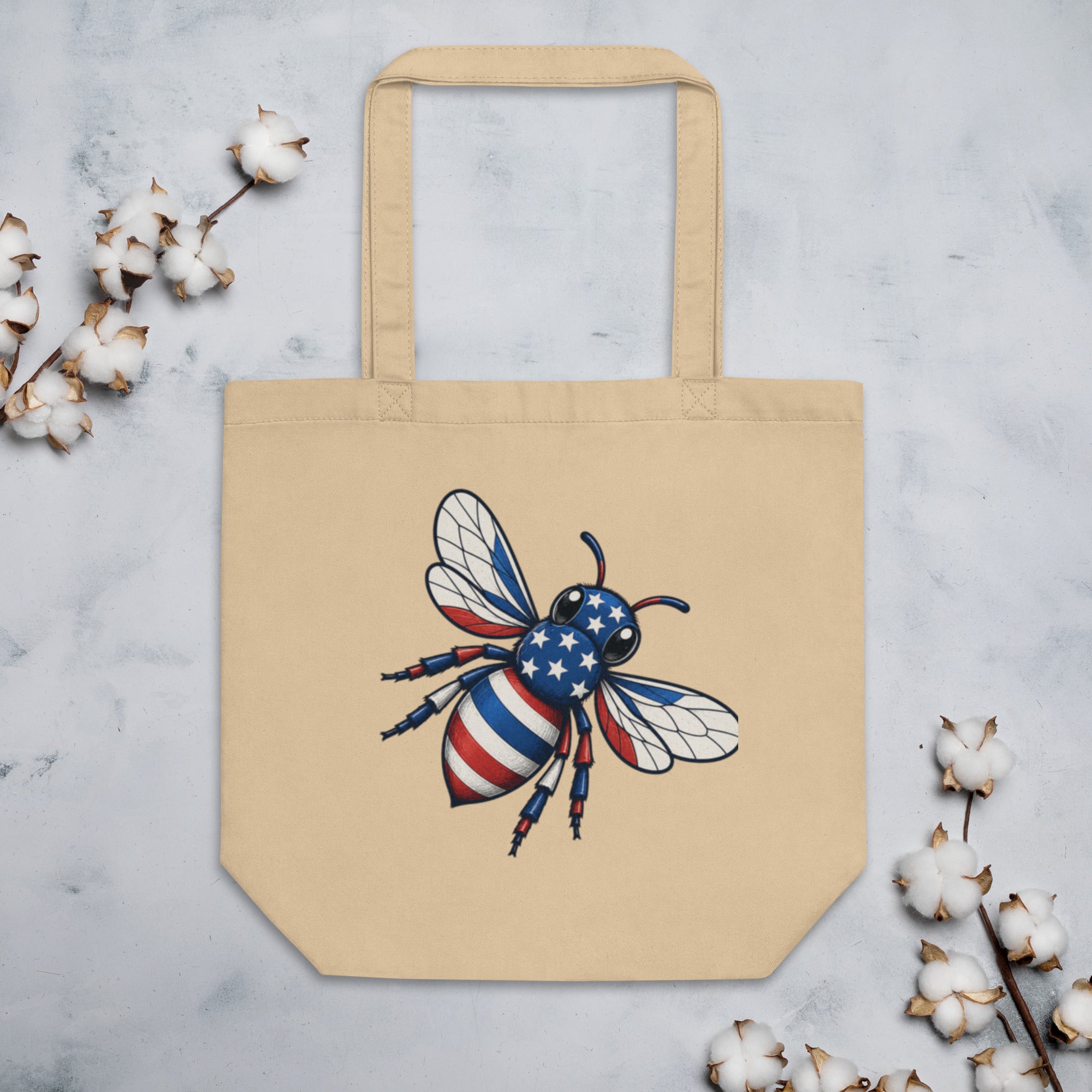 Oyster tote bag with bee artwork on front, reinforced handles and flat bottom