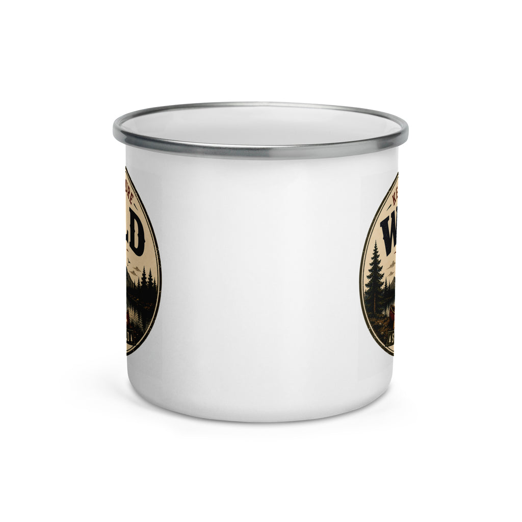 White enamel mug with gray rim and Wild forest graphic on side