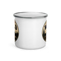 White enamel mug with gray rim and Wild forest graphic on side