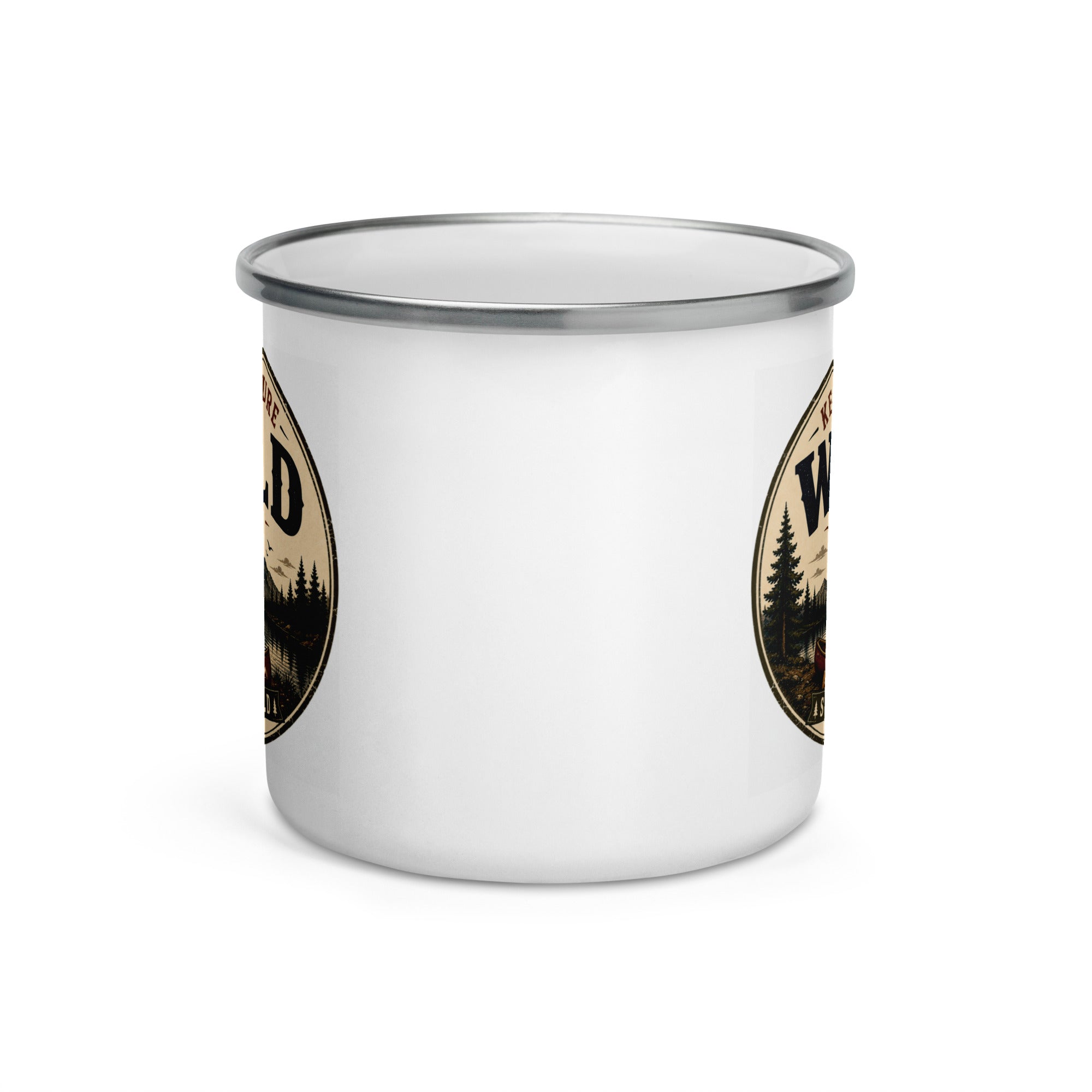 White enamel mug with gray rim and Wild forest graphic on side