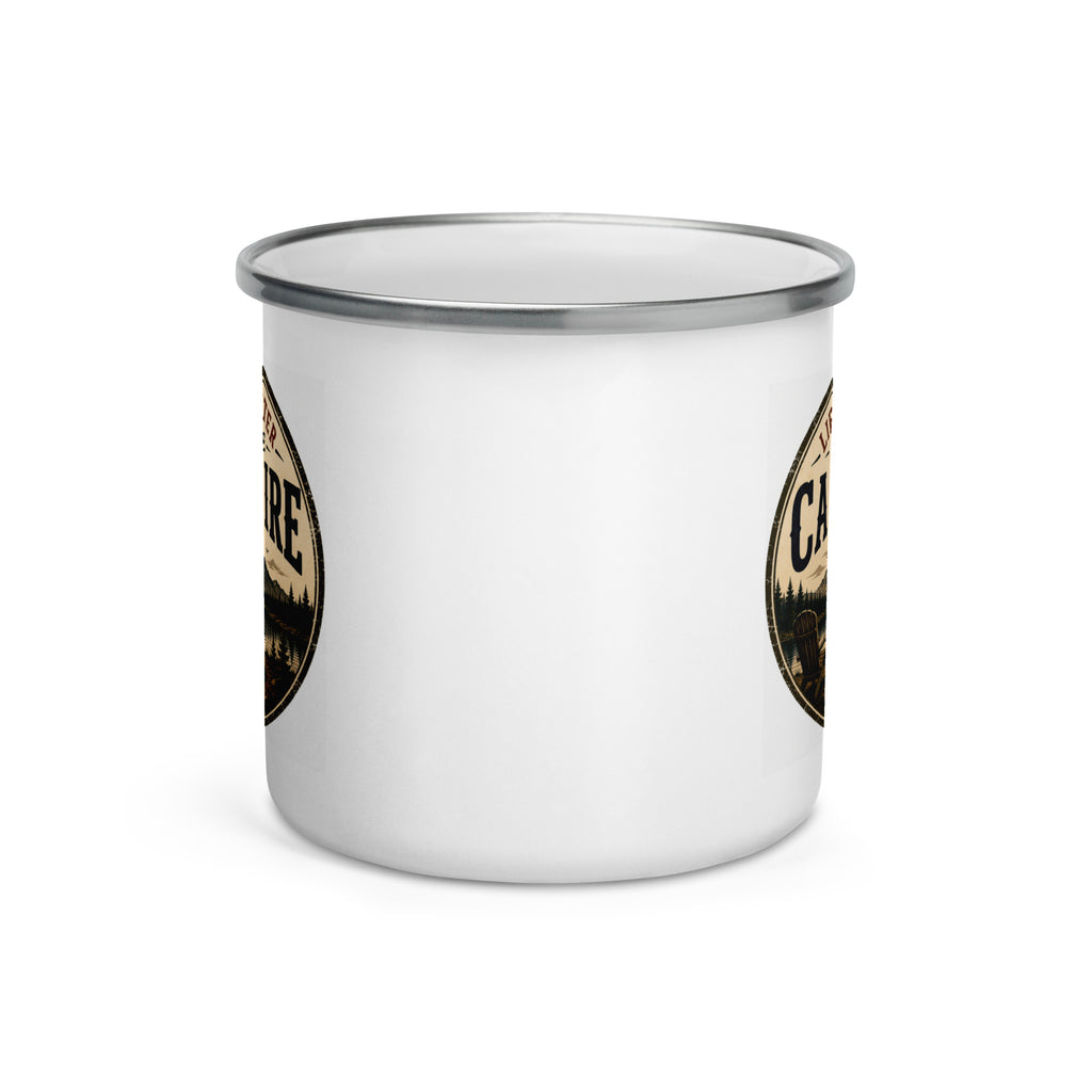 White enamel mug with silver rim, partial Campfire logo on side
