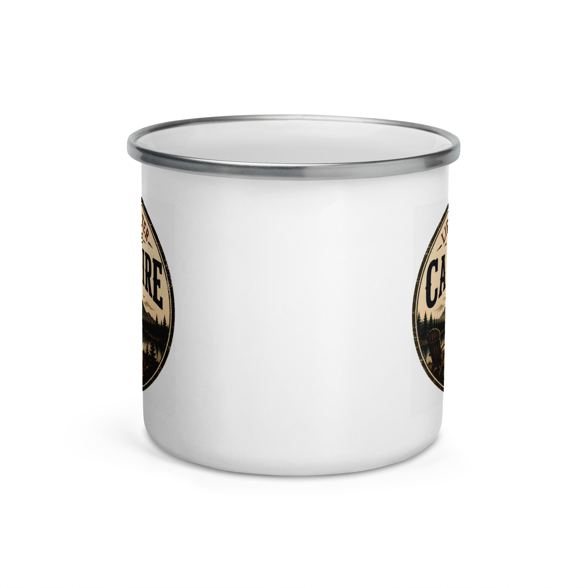 White enamel mug with silver rim, partial Campfire logo on side