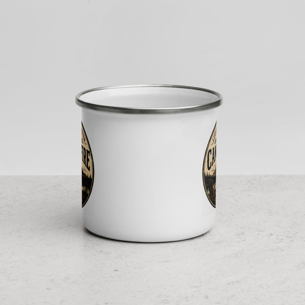 White enamel mug with silver rim, close-up of partial side graphic