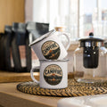 White enamel mug with silver rim and handle, Campfire logo graphic