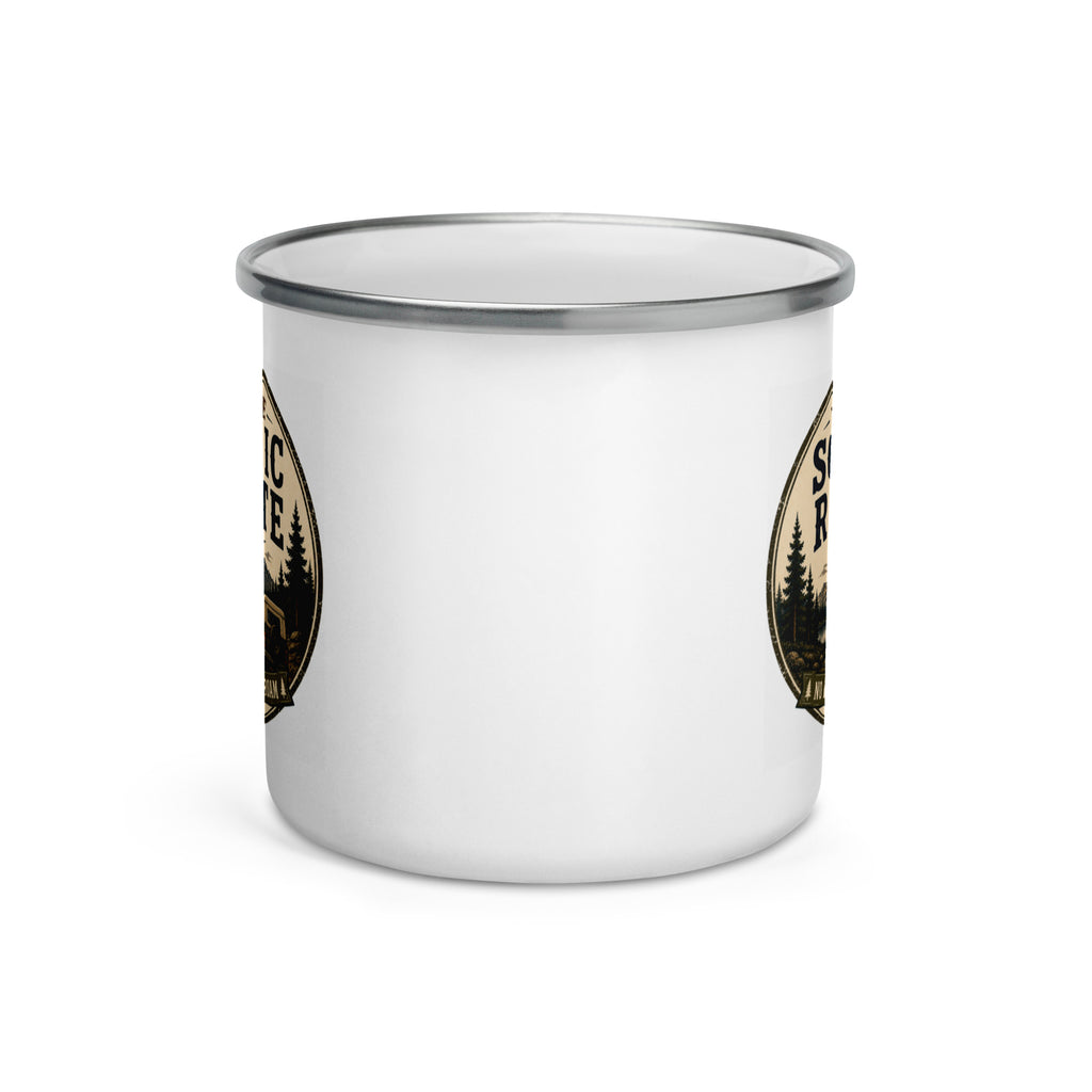White enamel mug with silver rim, partial Scenic Route graphics on both sides.