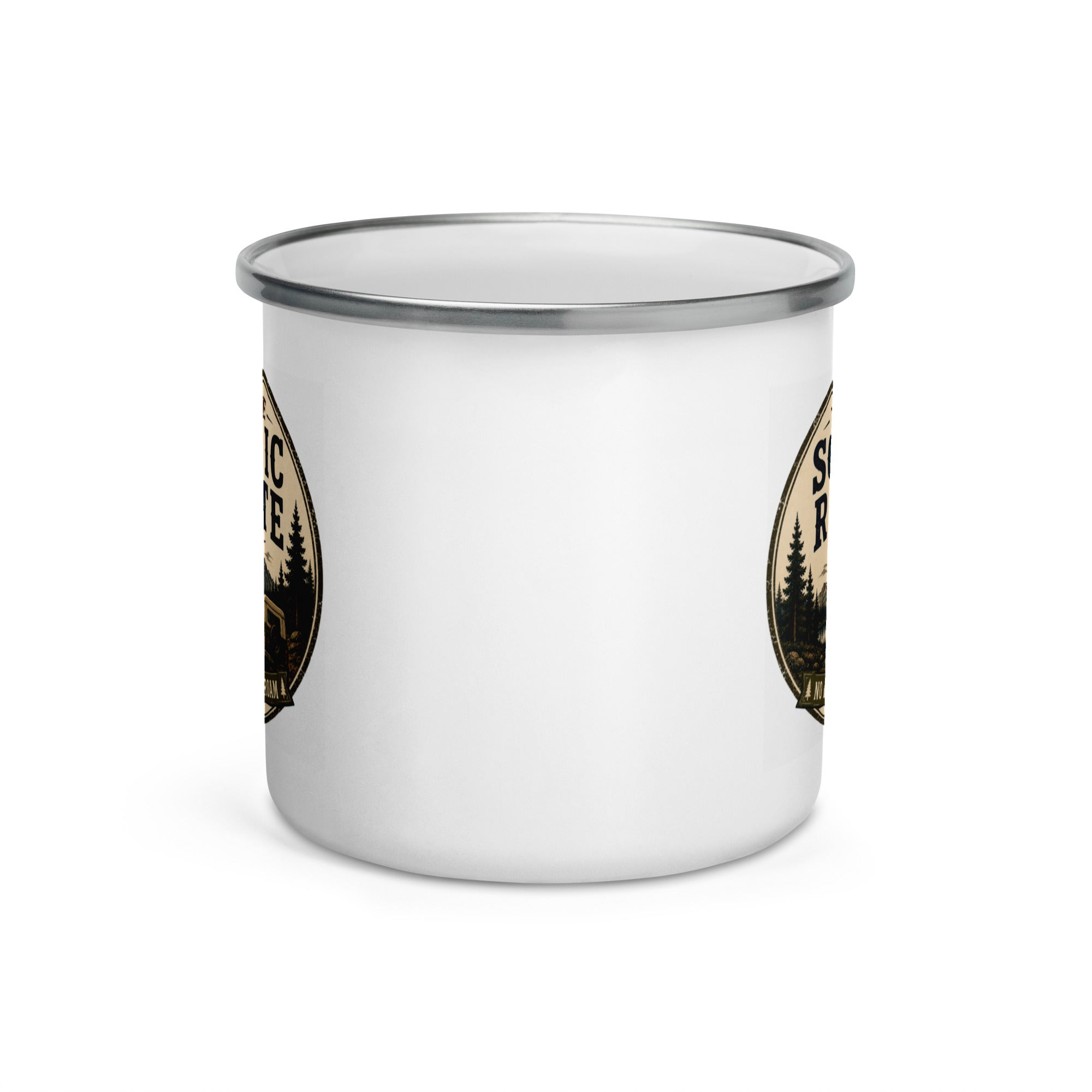 White enamel mug with silver rim, partial Scenic Route graphics on both sides.