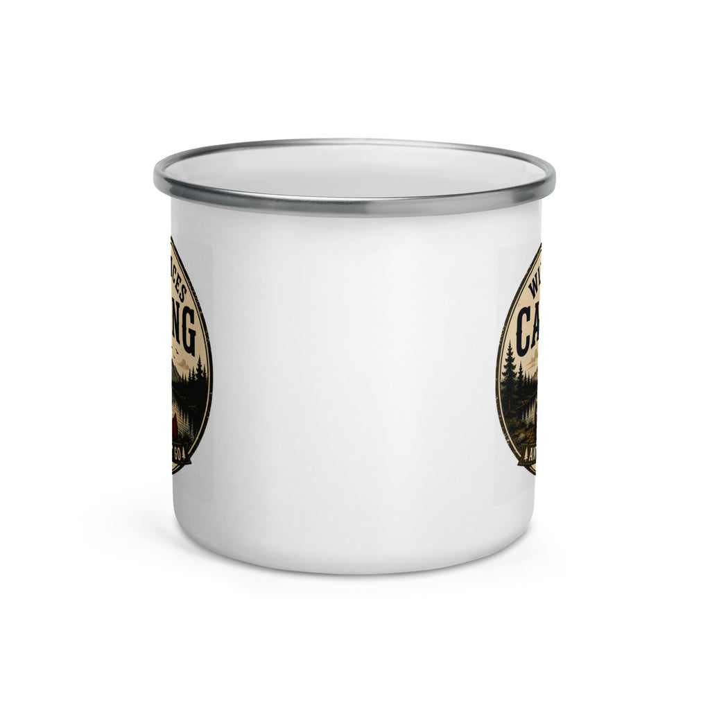 Empty white enamel mug with silver rim and side logo print