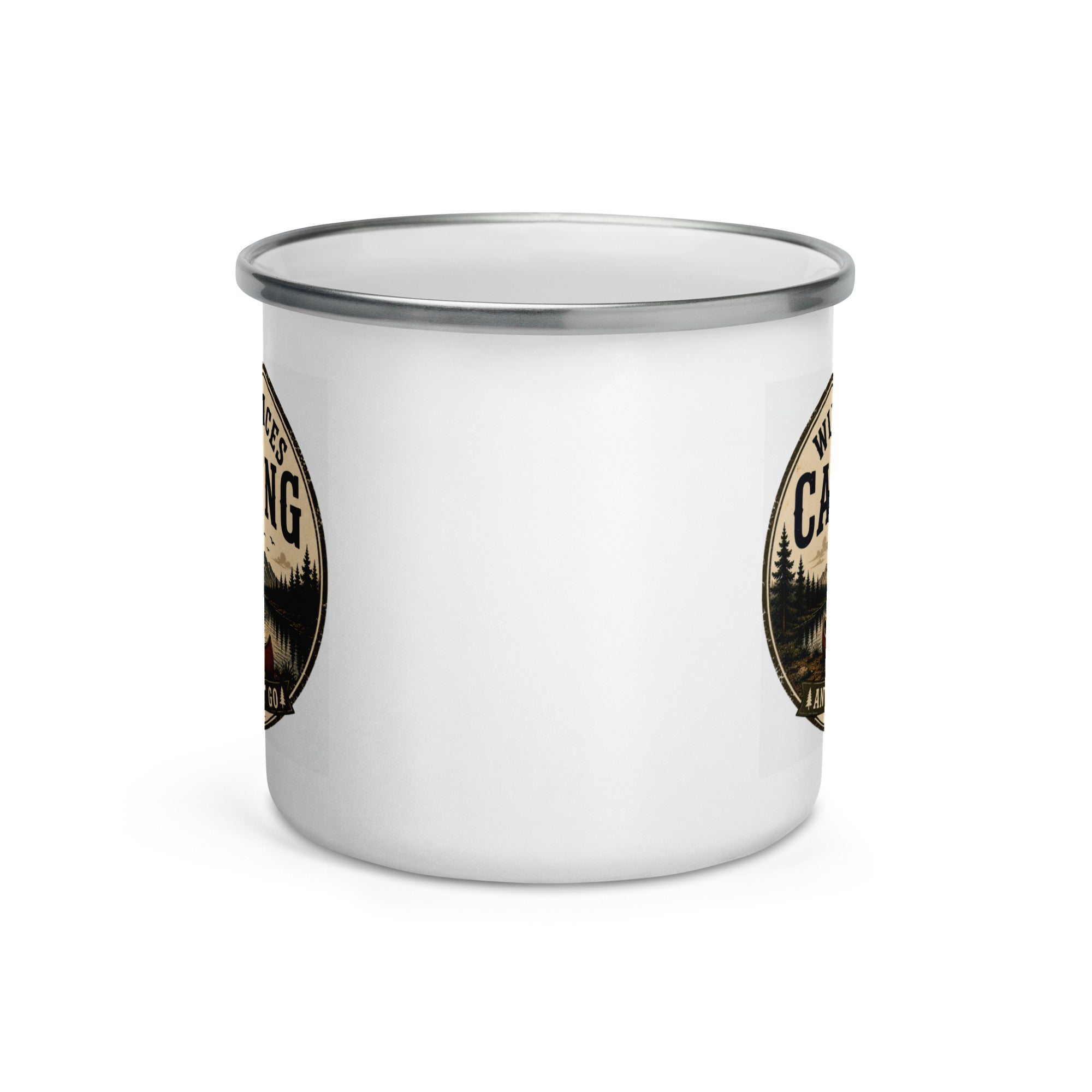 Empty white enamel mug with silver rim and side logo print