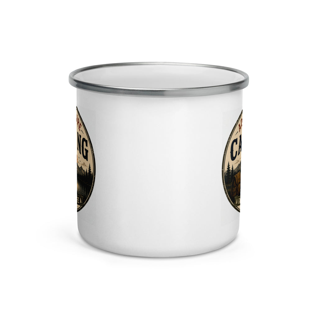 White enamel mug with silver rim and partial circular logo on side.