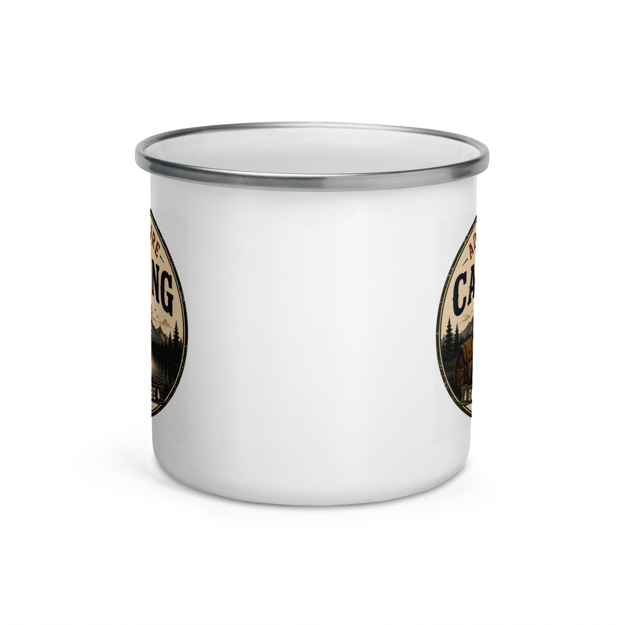 White enamel mug with silver rim and partial circular logo on side.