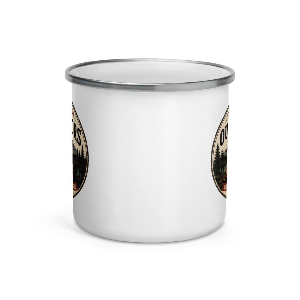 White enamel mug with silver rim showing partial Outdoors logo on side