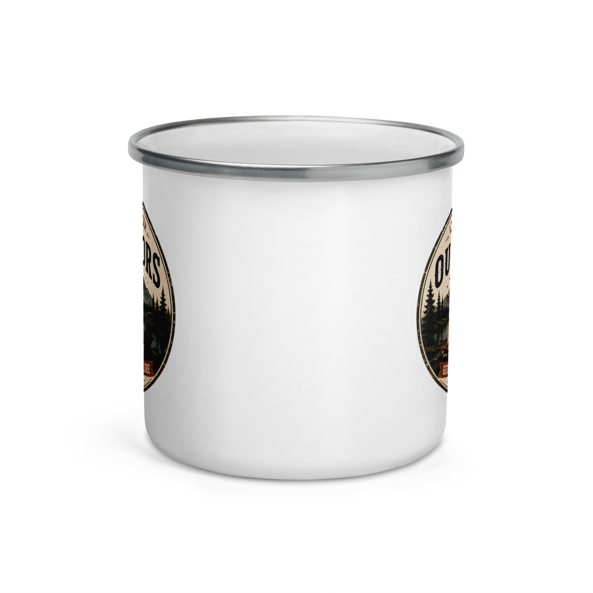 White enamel mug with silver rim showing partial Outdoors logo on side
