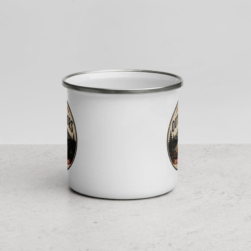 White enamel mug with silver rim and partial Outdoors logo on sides