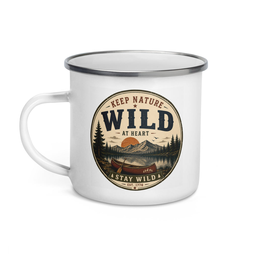 White enamel mug with gray rim and Keep Nature Wild logo, side handle