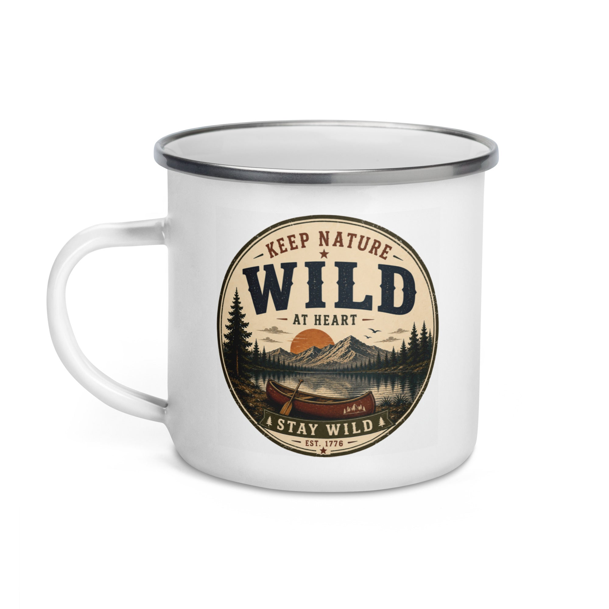 White enamel mug with gray rim and Keep Nature Wild logo, side handle